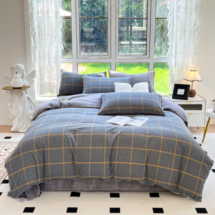 91家纺网 家纺一手货源 找家纺 （总）2024最新无印良品风双拼全棉色织水洗棉加牛奶绒四件套简约全棉拼牛奶绒