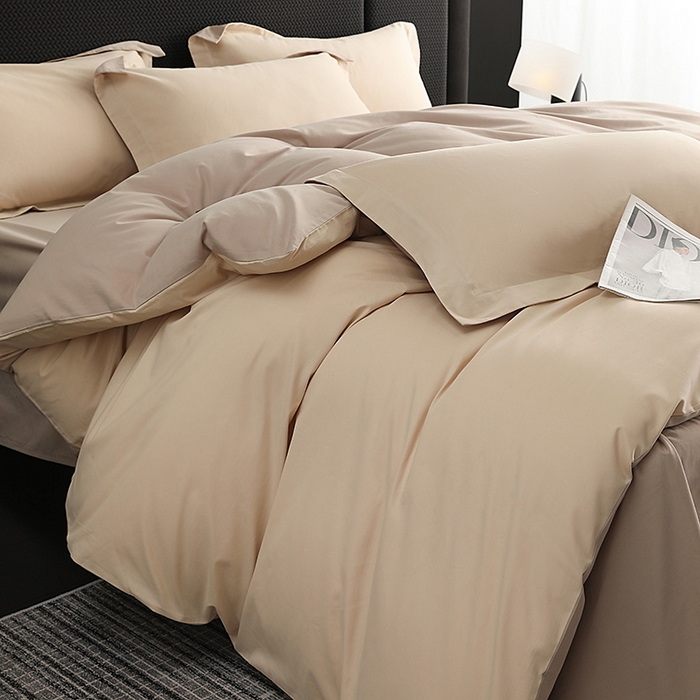 91家纺网 家纺一手货源 找家纺 莱阁亿 2025秋冬新款高支高密全棉纯棉磨毛双拼纯色四件套 可可奶棕&布莱棕