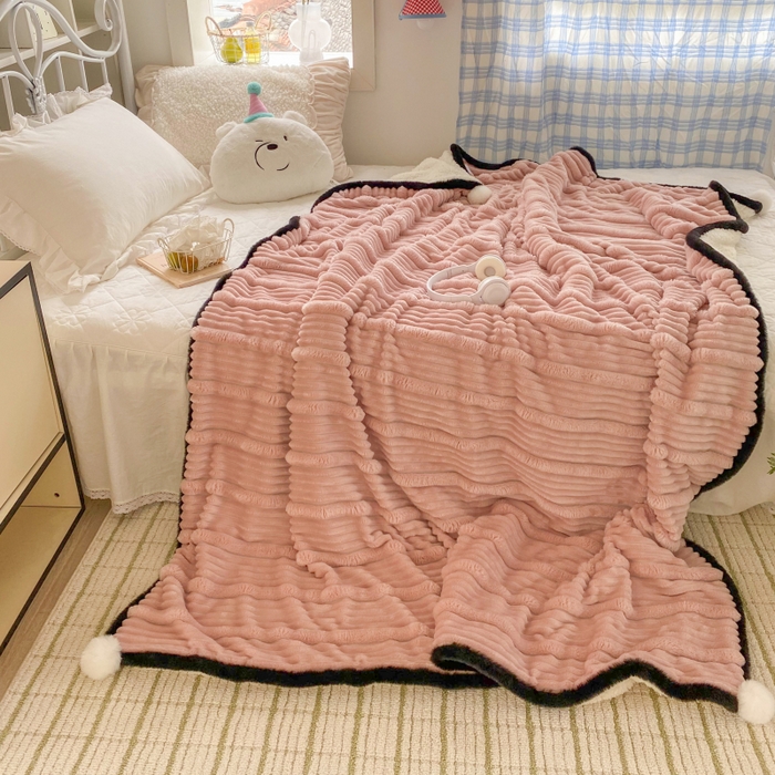 91家纺网 家纺一手货源 找家纺 潮邦 2025秋冬子母抽条羊羔绒球毯 子母抽条球毯-粉色