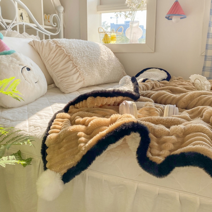 91家纺网 家纺一手货源 找家纺 潮邦 2025秋冬子母抽条羊羔绒球毯 子母抽条球毯-驼色