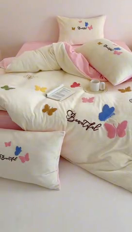 91家纺网 家纺一手货源 找家纺 沐棉 2024新款纯色牛奶绒毛巾绣款四件套 彩色蝴蝶
