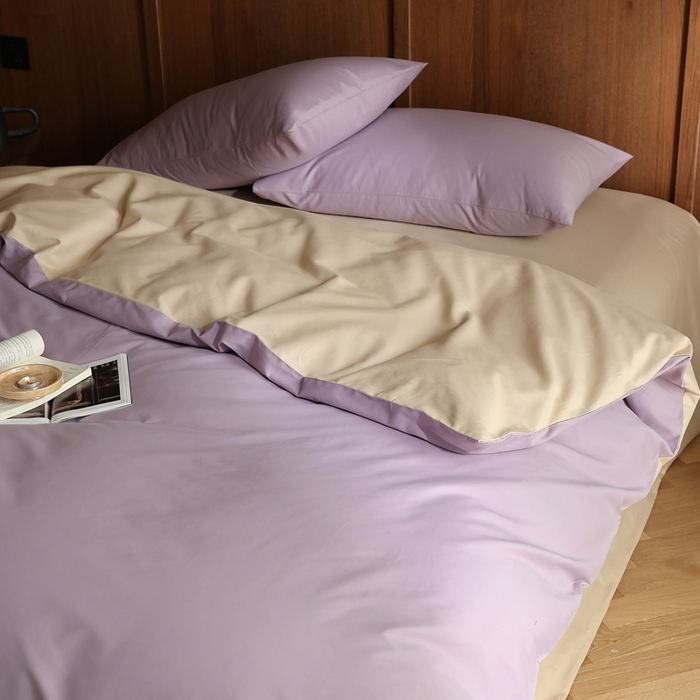 91家纺网 家纺一手货源 找家纺 久典家居 2024新款100支长绒棉磨毛纯色双拼四件套 佩斯利紫双拼