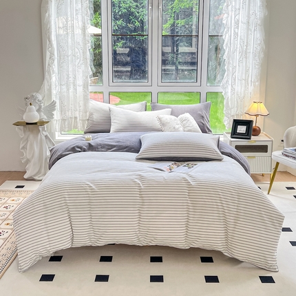 91家纺网 家纺一手货源 找家纺 （总）2024最新无印良品风双拼全棉色织水洗棉加牛奶绒四件套简约全棉拼牛奶绒