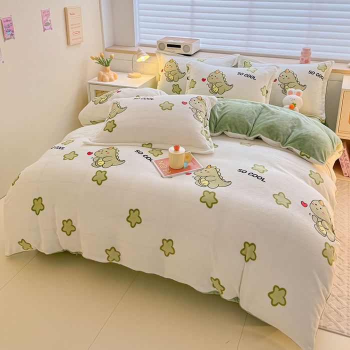 91家纺网 家纺一手货源 找家纺 妖妖家纺 2024新款高克重200克印花牛奶绒四件套 酷酷恐龙