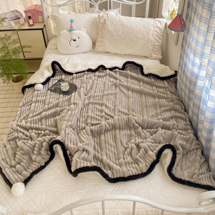 91家纺网 家纺一手货源 找家纺 潮邦 2025秋冬子母抽条羊羔绒球毯 子母抽条球毯-灰色