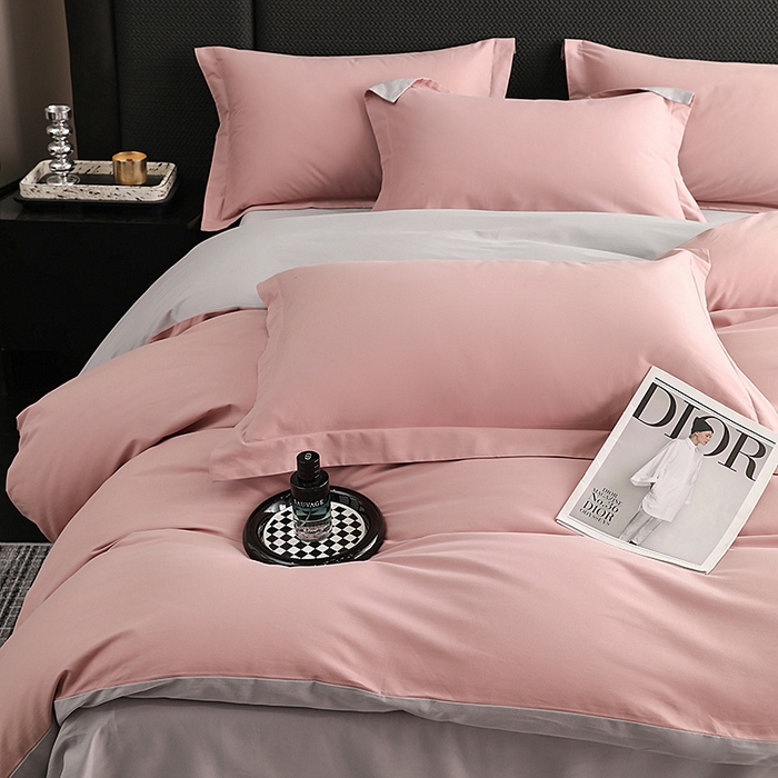 91家纺网 家纺一手货源 找家纺 莱阁亿 2025秋冬新款高支高密全棉纯棉磨毛双拼纯色单被套被套单件 豆沙粉&摩登灰