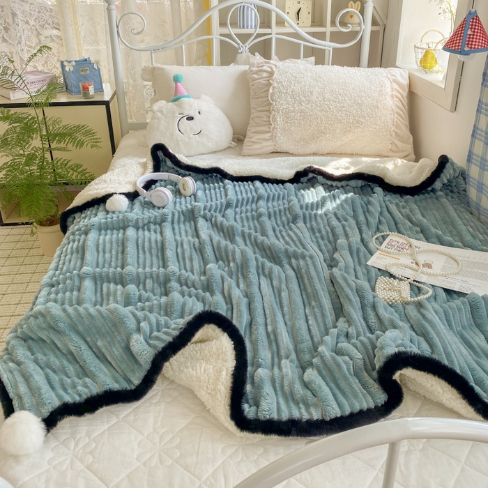 91家纺网 家纺一手货源 找家纺 潮邦 2025秋冬子母抽条羊羔绒球毯 子母抽条球毯-蓝色