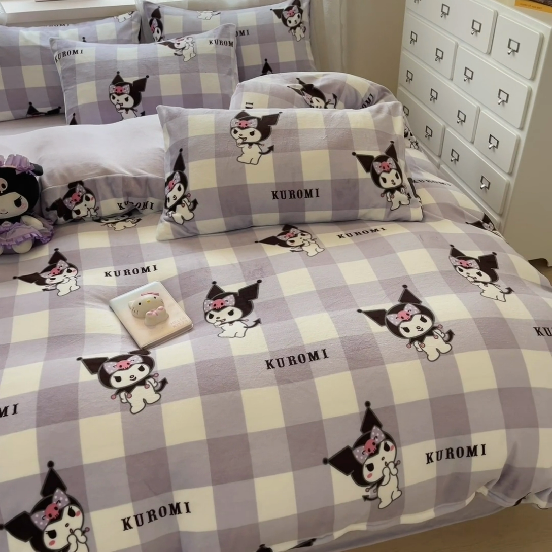 91家纺网 家纺一手货源 找家纺 佰亿莱 2024新款高克重牛奶绒四件套 格子库洛米