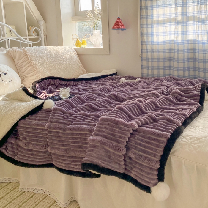 91家纺网 家纺一手货源 找家纺 潮邦 2025秋冬子母抽条羊羔绒球毯 子母抽条球毯-紫色