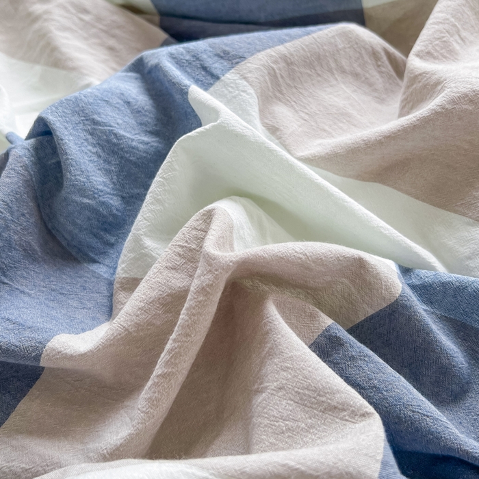 91家纺网 家纺一手货源 找家纺 2024最新无印良品风双拼全棉色织水洗棉加牛奶绒四件套简约全棉拼牛奶绒 棉+绒-蓝调格