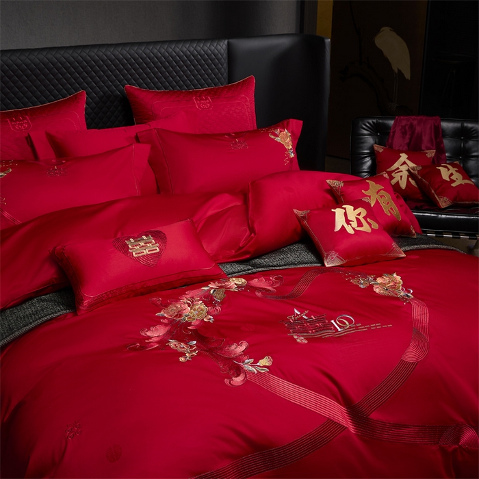 91家纺网 家纺一手货源 找家纺 高大尚婚庆馆 2025秋冬新款长绒棉臻棉系列婚庆款多件套 牵手一生-红