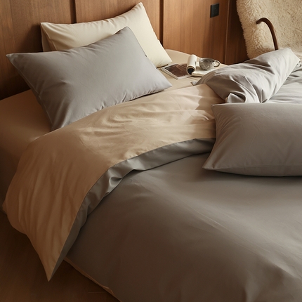 91家纺网 家纺一手货源 找家纺 久典家居 2024新款100支长绒棉磨毛纯色双拼四件套 冰川灰双拼