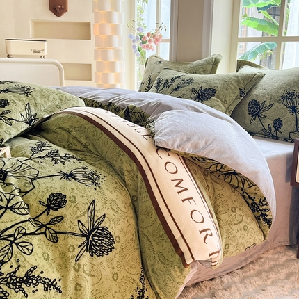 妖妖家纺 2024新款高克重200克印花牛奶绒四件套 奇谷花