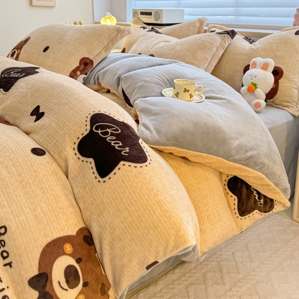 妖妖家纺 2024新款高克重200克印花牛奶绒四件套 小熊故事