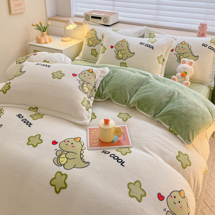 91家纺网 家纺一手货源 找家纺 妖妖家纺 2024新款高克重200克印花牛奶绒四件套 酷酷恐龙