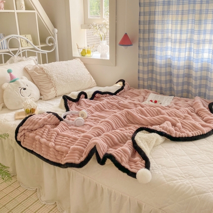 潮邦 2025秋冬子母抽条羊羔绒球毯 子母抽条球毯-粉色