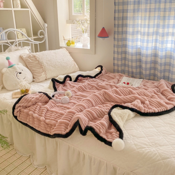 91家纺网 家纺一手货源 找家纺 潮邦 2025秋冬子母抽条羊羔绒球毯 子母抽条球毯-粉色