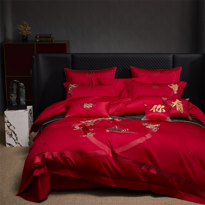 91家纺网 家纺一手货源 找家纺 高大尚婚庆馆 2025秋冬新款长绒棉臻棉系列婚庆款多件套 牵手一生-红