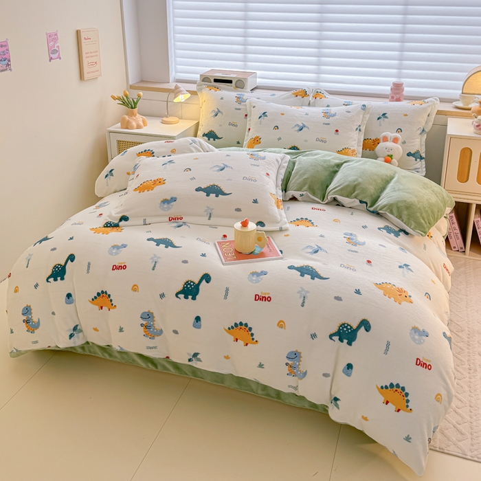 91家纺网 家纺一手货源 找家纺 妖妖家纺 2024新款高克重200克印花牛奶绒四件套 恐龙时代