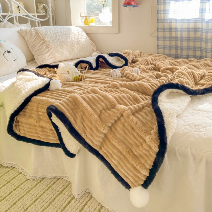 91家纺网 家纺一手货源 找家纺 潮邦 2025秋冬子母抽条羊羔绒球毯 子母抽条球毯-驼色