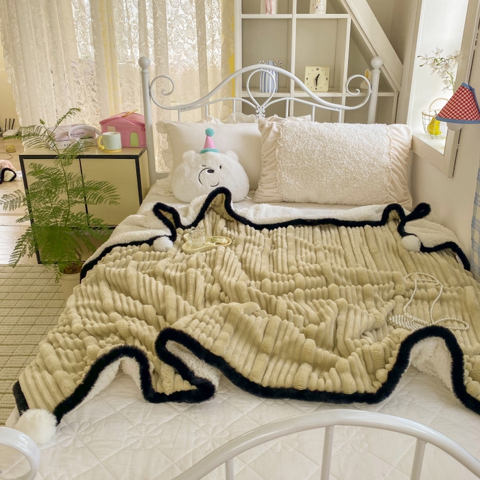 91家纺网 家纺一手货源 找家纺 潮邦 2025秋冬子母抽条羊羔绒球毯 子母抽条球毯-浅咖