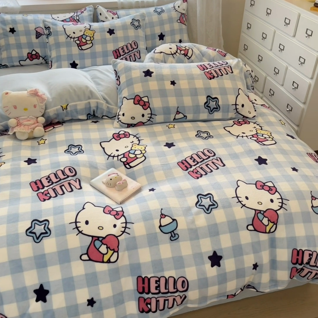 91家纺网 家纺一手货源 找家纺 佰亿莱 2024新款高克重牛奶绒四件套 幸运星kt猫