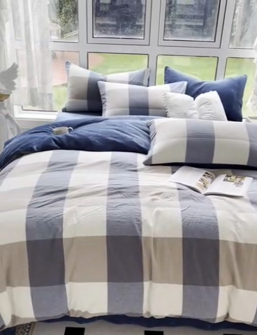 91家纺网 家纺一手货源 找家纺 2024最新无印良品风双拼全棉色织水洗棉加牛奶绒四件套简约全棉拼牛奶绒 棉+绒-蓝调格