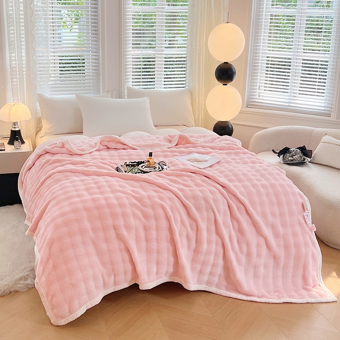 91家纺网 家纺一手货源 找家纺 贝拉梦家纺 2024新款加厚保暖托卡斯兔毛绒毛毯多功能毯子保暖盖毯 白桃茶粉