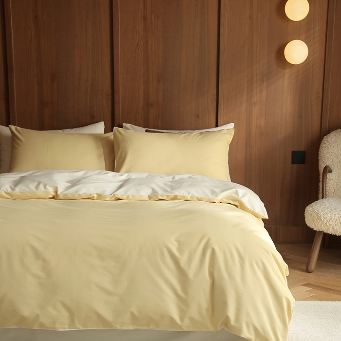 91家纺网 家纺一手货源 找家纺 久典家居 2024新款100支长绒棉磨毛纯色双拼四件套 浅米黄双拼