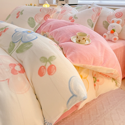 妖妖家纺 2024新款高克重200克印花牛奶绒四件套 乐享花开