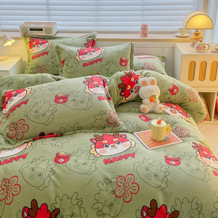 91家纺网 家纺一手货源 找家纺 妖妖家纺 2024新款高克重200克印花牛奶绒四件套 开心龙龙