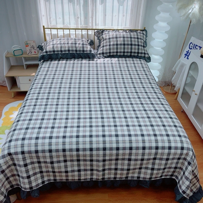 91家纺网 家纺一手货源 找家纺 2024新款亲肤舒适法式床盖三件套 格子控