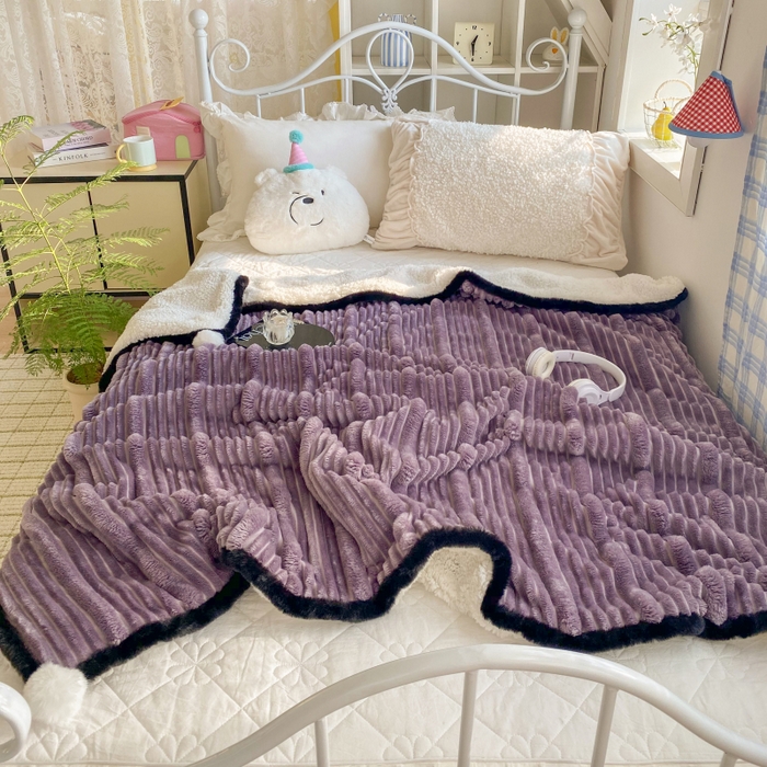 91家纺网 家纺一手货源 找家纺 潮邦 2025秋冬子母抽条羊羔绒球毯 子母抽条球毯-紫色