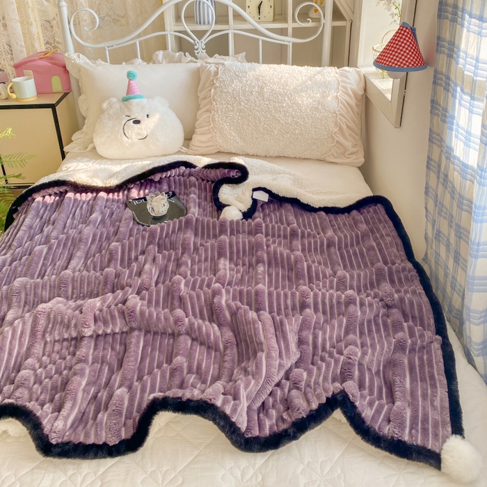 91家纺网 家纺一手货源 找家纺 潮邦 2025秋冬子母抽条羊羔绒球毯 子母抽条球毯-紫色