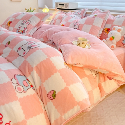 妖妖家纺 2024新款高克重200克印花牛奶绒四件套 棋盘兔