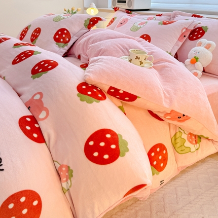 妖妖家纺 2024新款高克重200克印花牛奶绒四件套 小甜苺