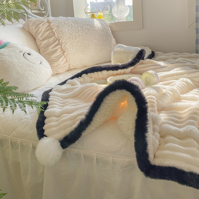 91家纺网 家纺一手货源 找家纺 潮邦 2025秋冬子母抽条羊羔绒球毯 子母抽条球毯-白色