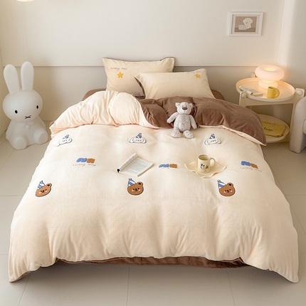 沐棉 2024新款纯色牛奶绒毛巾绣款四件套 开心派对-咖