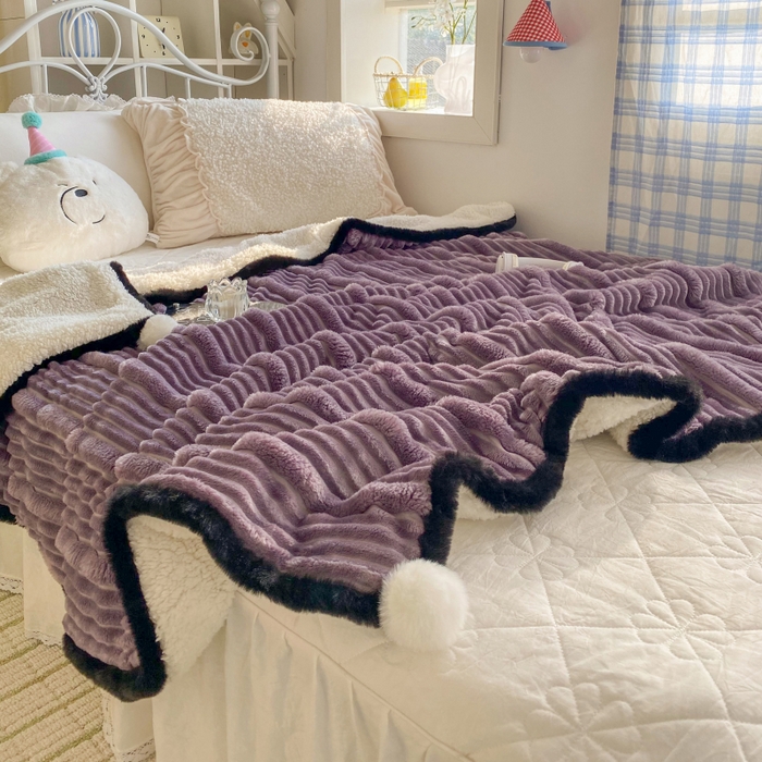 91家纺网 家纺一手货源 找家纺 潮邦 2025秋冬子母抽条羊羔绒球毯 子母抽条球毯-紫色