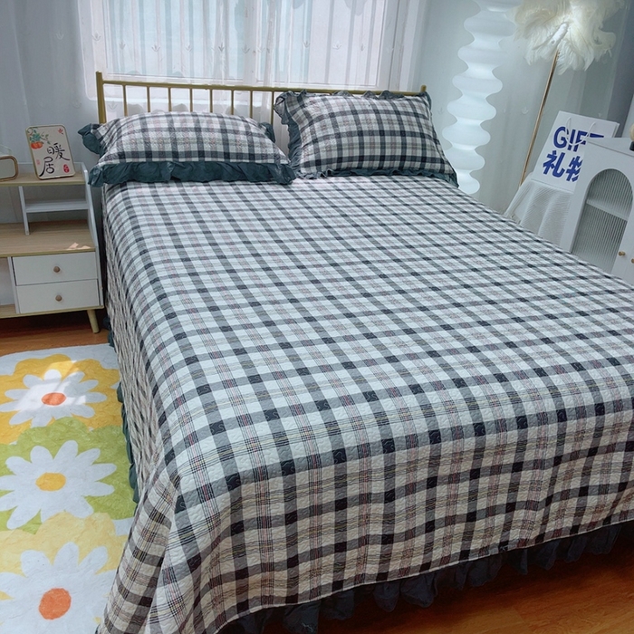 91家纺网 家纺一手货源 找家纺 2024新款亲肤舒适法式床盖三件套 格子控
