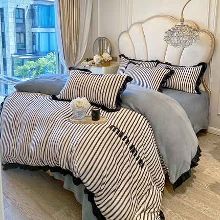 苏源家居 2024新款牛奶绒条纹ins风韩版黑色花边公主风四件套 梦幻-高级灰