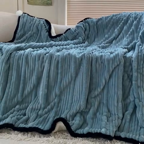 91家纺网 家纺一手货源 找家纺 潮邦 2025秋冬子母抽条羊羔绒球毯 子母抽条球毯-蓝色