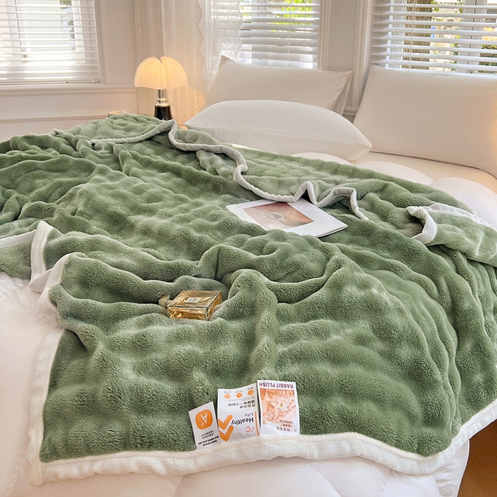 91家纺网 家纺一手货源 找家纺 贝拉梦家纺 2024新款加厚保暖托卡斯兔毛绒毛毯多功能毯子保暖盖毯 松石绿