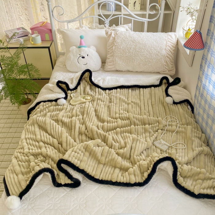 91家纺网 家纺一手货源 找家纺 潮邦 2025秋冬子母抽条羊羔绒球毯 子母抽条球毯-浅咖