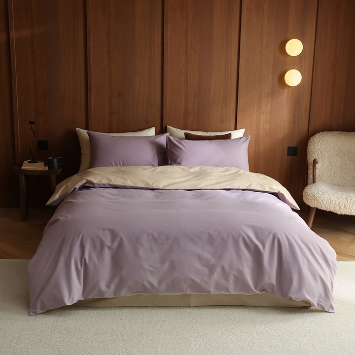 91家纺网 家纺一手货源 找家纺 久典家居 2024新款100支长绒棉磨毛纯色双拼四件套 佩斯利紫双拼