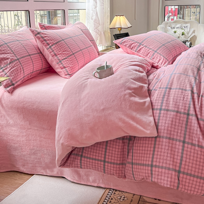 91家纺网 家纺一手货源 找家纺 2024最新无印良品风双拼全棉色织水洗棉加牛奶绒四件套简约全棉拼牛奶绒 棉+绒-瓦尔粉