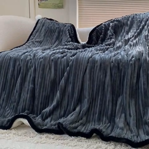 91家纺网 家纺一手货源 找家纺 潮邦 2025秋冬子母抽条羊羔绒球毯 子母抽条球毯-深灰