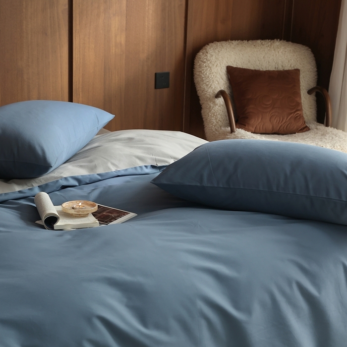91家纺网 家纺一手货源 找家纺 久典家居 2024新款100支长绒棉磨毛纯色双拼四件套 挪威蓝双拼