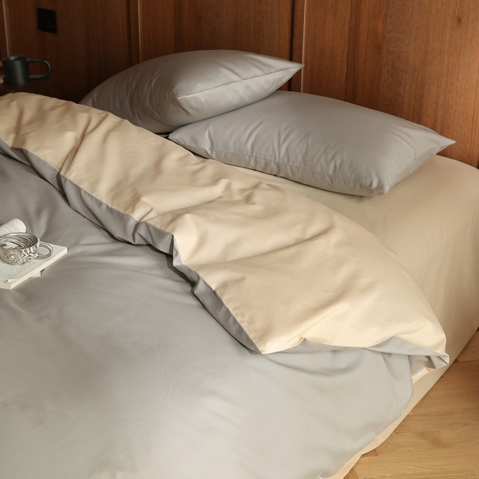 91家纺网 家纺一手货源 找家纺 久典家居 2024新款100支长绒棉磨毛纯色双拼四件套 冰川灰双拼