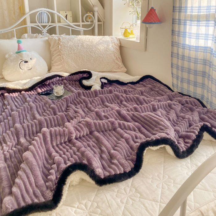 91家纺网 家纺一手货源 找家纺 潮邦 2025秋冬子母抽条羊羔绒球毯 子母抽条球毯-紫色